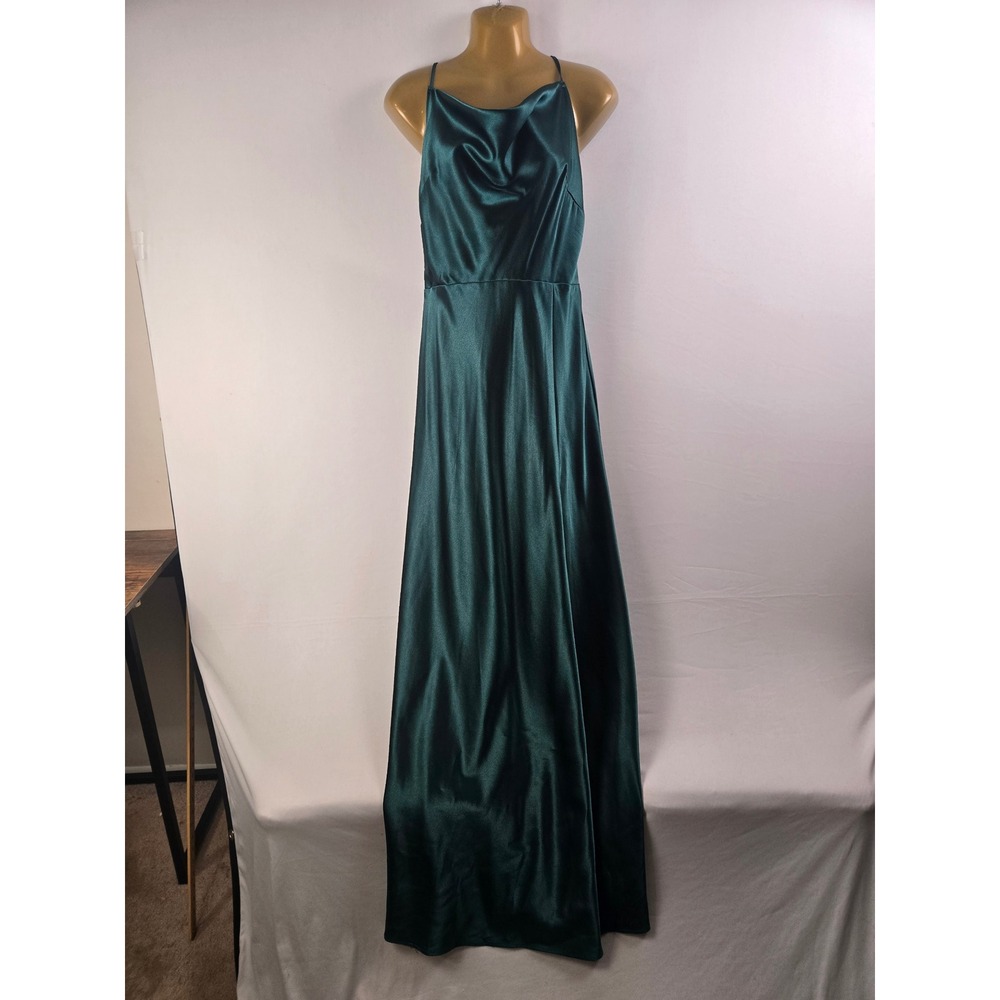 Birdy Grey Emerald Green Satin Cowl Neck Formal Maxi Dress Dark Green Size L